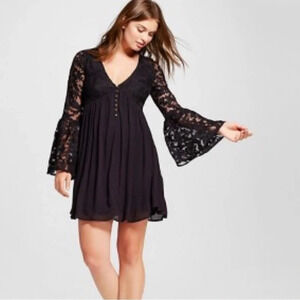 Black Lace Bell Sleeve Dress, boho black dress size small